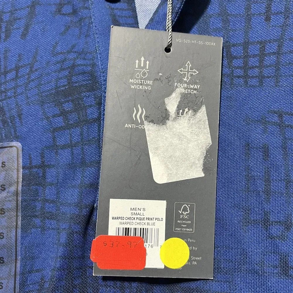 VRST Warped Check‎ Pique Polo Shirt Men's Small Navy Blue Stretch High Low Hem